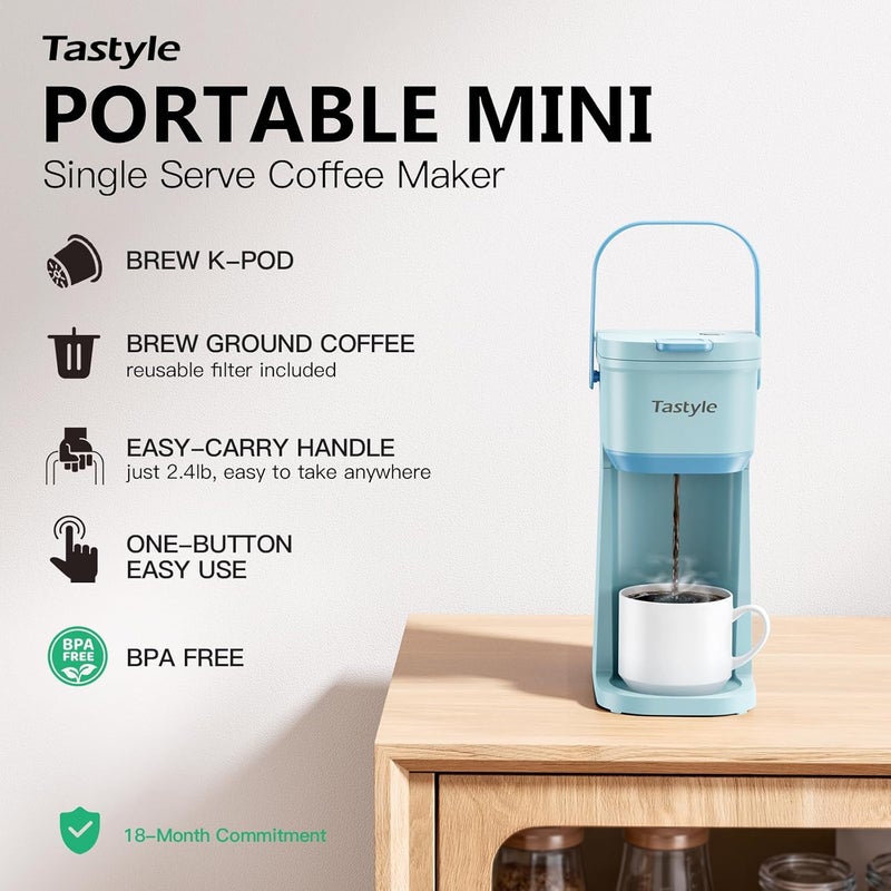 Tastyle Single Serve One Cup Coffee Maker, for K Cups and Grounds, Mini Coffee Maker with Portable Handle, 6 to 12 Oz Brew Size, for Travel, Camping, Office, RV and Dorm, 120V, Aqua - Image 2